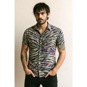 ALLSAINTS Black White Tiger Stripe Tie Dye Kahna Button Up Shirt Mens Size Small